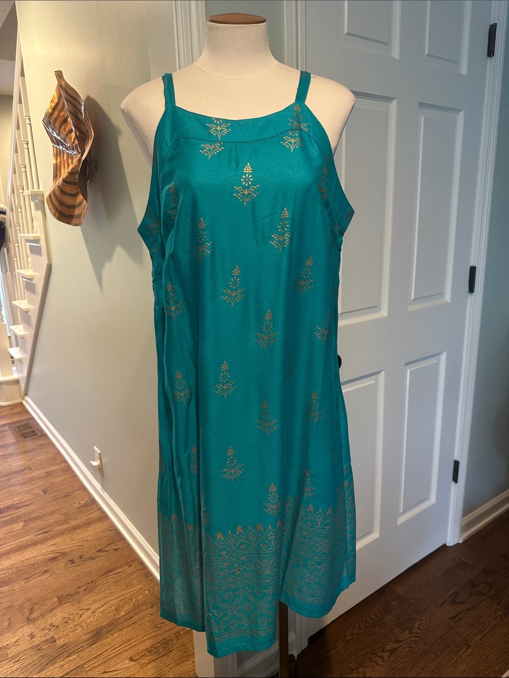 NWT Lapogee BOHO Teal Blue Sleeveless Dress Gold Print India Sz Large